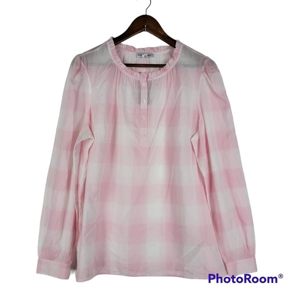 Kim Rogers Womens Size Large Peasant Blouse Pink White Checks Sheer New - Picture 1 of 7